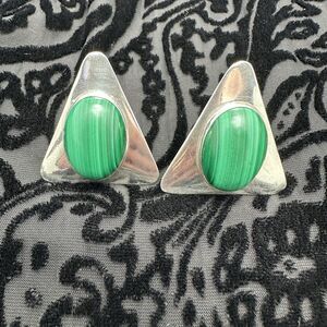 Sterling Silver Triangle Earrings Malachite Clip On Vintage Modernist